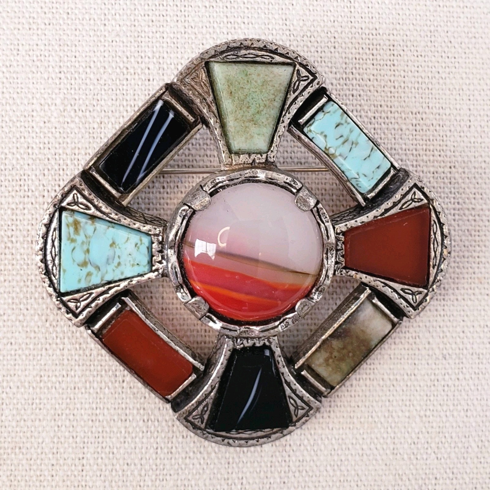 Vintage Miracle Signed Multicolor Brooch With Silver Accents